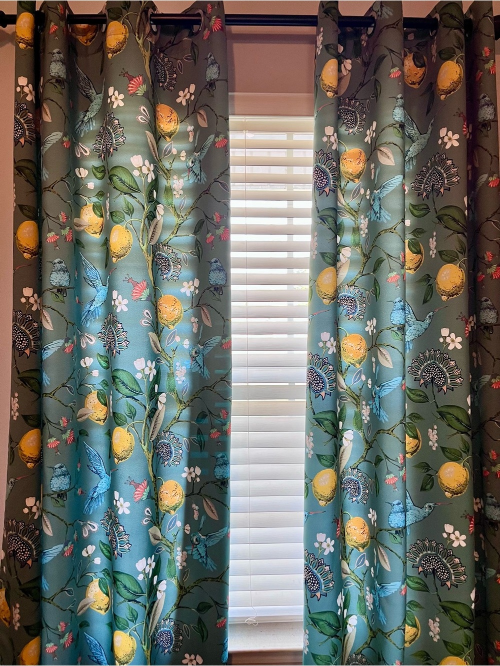 Botanical Lemon Print Blackout Curtain Panel - Teal/green